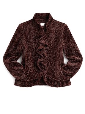 Hi Gorgeous Swirled Boucle Pile Faux Fur Chocolate Brown Ruffle Front Y2K Jacket
